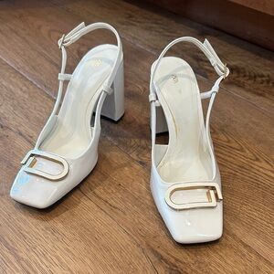 Zara White Patent Slingback Block Heels with Gold Buckle Detail